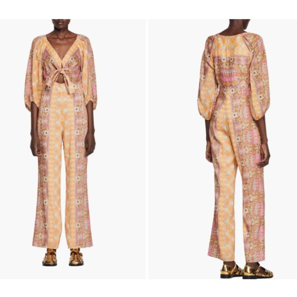 Sandro Pink and Gold Patterned Tie-Front Jumpsuit